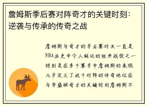 詹姆斯季后赛对阵奇才的关键时刻：逆袭与传承的传奇之战